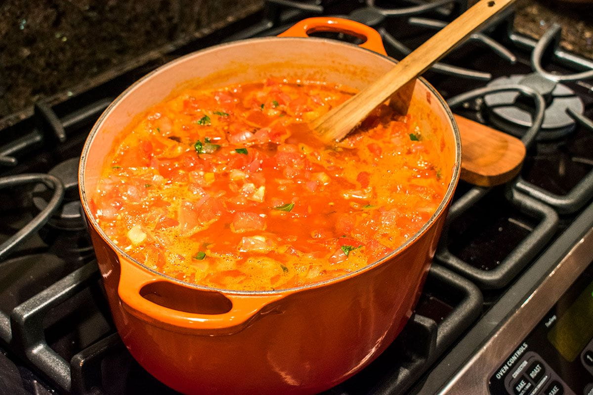 pot of tomato soup on stove