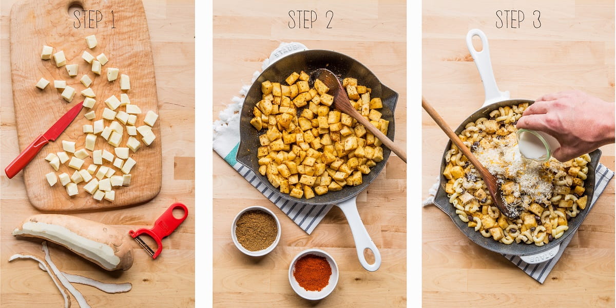 Step 1, 2, and 3 Sweet Potato Chli Mac