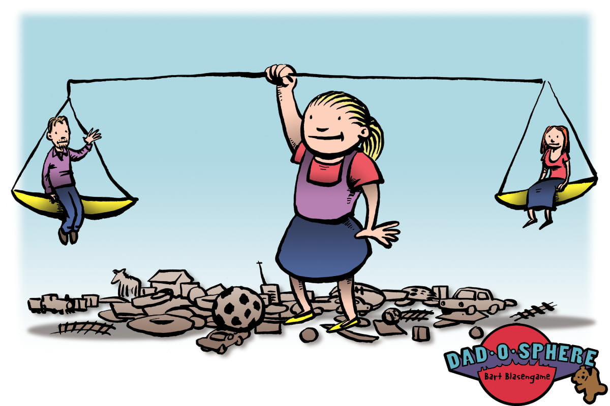 Cartoon by Shannon Wheeler of girl balancing mom and dad on a weight scale