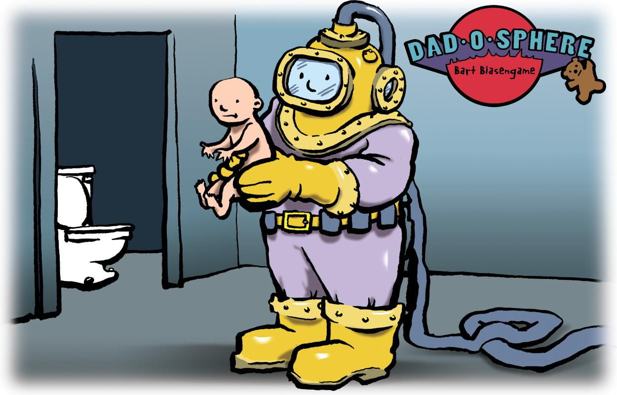 Illustration of dad in scuba gear taking baby to toilet